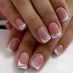 24 Reusable Artificial Fake Nail Set| Peach White Design With Golden Diamond Short Nails| Lightweight & Long Lasting| Easy To Use| Quick Fix For Festivals & Special Occasions-16