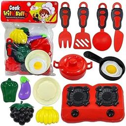 SHAKTISM Kids Kitchen Play Set, 14 Pieces Pretend Cooking Toys with Utensils, Vegetables, Fruits and Cookware, Ages 3+-14