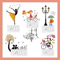Colorful - Birds Cage - Dancing Lady - Love Couple - Lamp - Decorative Switch Board Wall Sticker (Standard Size),Multicolour-3
