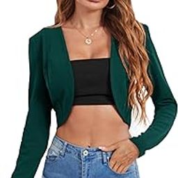 Women's Open Front Solid Crop Blazer Jacket Lightweight Outerwear, Green, Large-13
