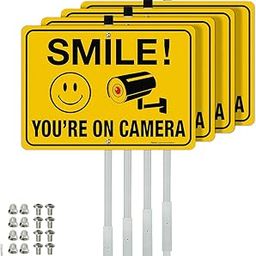 Faittoo Smile Your On Camera Signs with 36" Stake for Outside, 4-Pack 14"x10" Rust Free Heavy Aluminum, Reflective, Fade Resistant, 2 pre-drilled holes, Includes Matching Screws & Wrench, Easy to-image-30