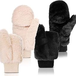 Faux Fur Mittens Fingerless Gloves Winter Warm, Soft Half Finger Fuzzy Lined Wool Mittens, Knitted Clamshell Gloves, Convertible Flips for Women Girl, Finger flexibility (2 Pair)-image-24