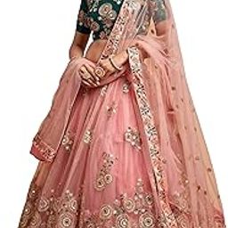 Women's Net Embroidered Semi-Stitched Lehenga Choli with Dupatta (7315-Peach-Wedding-Girlish-Latest-Lehenga; Free Size)-16