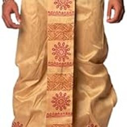 Men's Traditional Silk Dhoti with Block Print Border, Gold and Red, Indian Ethnic Wear-image-10
