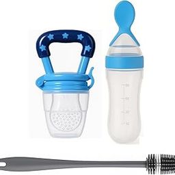 Joy Buzz Baby Food Dispensing Spoon Feeder Bottle 90ml and Fruit Feeder/Nibbler/Pacifier with Cleaning Brush Pack of 3 (Blue)-image-81