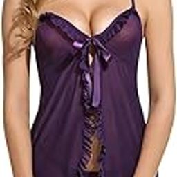 Women's Polyamide, Spandex & Lace Plain Above Knee Baby Doll, Nighty for Honeymoon | Sexy Dress for Girls (Free Size, Purple)-image-62