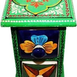 SHRIYAM CRAFT Embossed Painting Handmade Wooden and Ceramic 2 Drawers Small Chest Jewellery Organizer Desk Table (Green)-picture-11