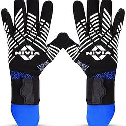 Nivia Shastra Goalkeeper Gloves for Men & Women, Latex Palm, Debossed Palm Lines, Knitted Backhand with Silicon Casting (Black, Blue), Large-image-98