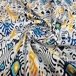 Ikat Print Fabric, Yellow and Navy Blue Pattern, Traditional Design, Cotton Material (Blue, 5 Yard)-image-23