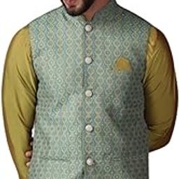 Men's Nehru Jacket, Blue Silk Blend, Embellished Regular Fit Mandarin Collar Sleeveless-50