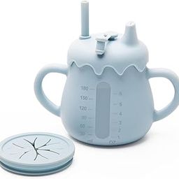AMPLIN Silicone Sippy Cup with Straw Baby Cup Silicone Training Cup with 3 in 1 Lid, Draining Lid, BPA-Free Spill Proof Non-Slip Baby Straw Cups 6-12 Months Toddlers, 250ml (JK-479)-picture-2