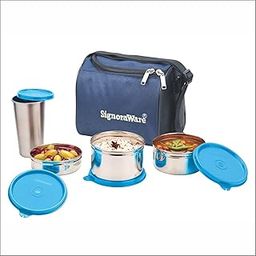 Signoraware Best Stainless-Steel Lunch Box Set 4 with Bag | Stainless-Steel Leak-Proof Containers | Full Meal Boxes (Container Size 350mlx1 | 500mlx1 | 200mlx1 & Glass Tumbler 370mlx1 | Colour Blue)-picture-14
