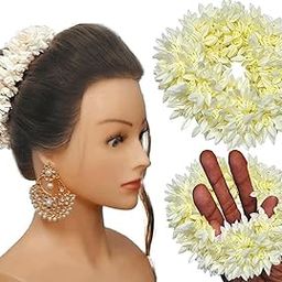 2 Pcs Hair Mogra Scented Rubber band Gajra Hair accessories for Women And Girls, Hair Flower Bun Artificial Gajra Scrunchies-7