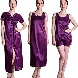 Women's Satin Nightwear/Nightdress 4 Pc Set of Nighty, Wrap Gown, Top & Shorts with Nighty Set-image-96