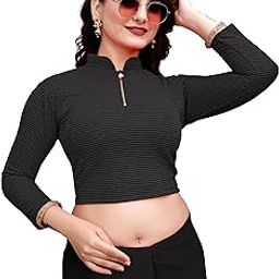 Chandan Tex Fab Fit Bit Crush Zipper Blouse | Stretchable Cotton Lycra Blouse for Women Readymade Full Sleeve Blouse | Available in 10 Colors | Sizes 28-40-image-13