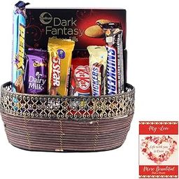 SFU E Com Premium Metal Basket With Loaded Creamy Chocolates | Valentine Chocolate With Love Greeting Card | Valentine Chocolate Hamper | 758-3
