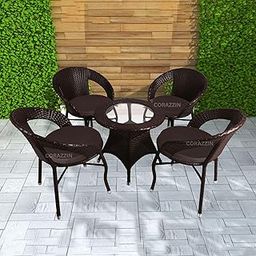 CORAZZIN Rattan Wicker Garden Patio Seating Chair and Table Set for Outdoor Balcony Garden Coffee Table Set Furniture with 1 Table and 4 Chairs with Brown Cushion (Brown)-14