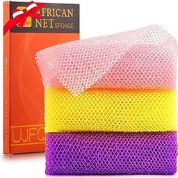 UJFQBH 3 Pieces African Bath Sponge African Net Long Net Bath Sponge Exfoliating Shower Body Scrubber Back Scrubber Skin Smoother,Great For Daily Use(Blue,Black,Off-White)-image-16