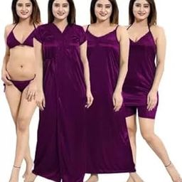 Women's Satin Nighty 4 Set (Robe, Nighty, Top,Capri) (4080)-image-94