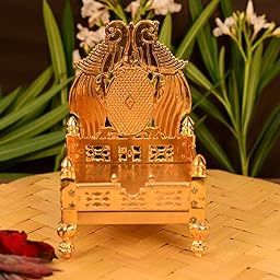 Collectible India Metal Gold Plated ladoo Gopal Singhasan Pooja Chowki mandir for God Thakur Puja Idol Peacock Design Decoration Items (Size 6.5 x 4 Inch)-2
