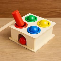Wooden Ball Hammer Toy, Educational Pounding Bench, Colourful Balls and Pegs, Early Learning Game-31