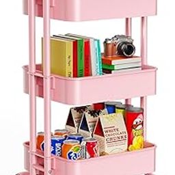 3 Tier Utility Cart, Rolling Plastic Tray Metal Pipe Organization Cart with Handle and Lockable Wheels, Multifunctional Storage Shelves for Kitchen Living Room Office (Pink)-image-43