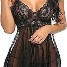 Women's Lace & Polyamide Spandex Mix Floral Above knee Babydoll Nightwear with Panty-image-44