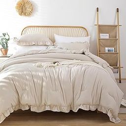 JANZAA Queen Size Comforter Beige Ruffle Comforter Set for Queen Bed 3PCS (1 Off White Comforter and 2 Pillowcases) Vintage Shabby Chic Bedding Soft Fluffy Bed Set for All Season-image-16