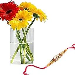 Floral Fantasy® Original Real Fresh Flower Bouquet For Rakhi Gift (Bunch Of 7 Gerberas in Glass Vase with one Rakhi)-image-4