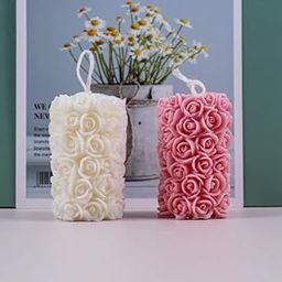 Decorative Rose-Shaped Pillar Candles, White and Pink, 2-Piece Set-image-99