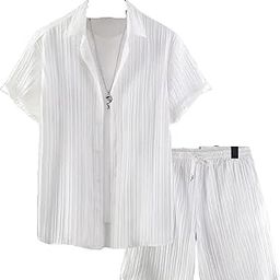 Men's Cord Set, Short Sleeve Pleated Shirt with Shorts, Classic Collar, Regular Fit, Night Suit for Men-19