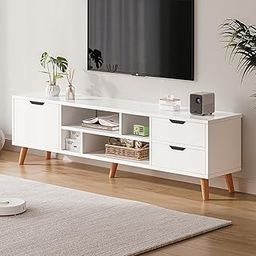 Modern TV Cabinet Wooden TV Entertainment Media Console Table with Drawers and Doors and Open Storage Shelf, Multifunctional TV Stand/Unit for Living Room Bedroom DQ143 (White)-image-71