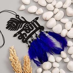 Nilkanth Store Krishna Dream Catcher, Black Acrylic with Blue Feathers, Religious Wall Hanging for Home and Car Décor (Black and Blue)-image-0