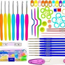 Qzep Crochet Set 53 Pcs Sewing Knitting Needle Hook Set,Sewing Knitting Needle Kit with 16pcs Soft Grip Handles Hooks 0.6mm-6mm, 1 Scissor, 1 Tape Measure, 3 Tapestry for Hand Knitted-picture-1