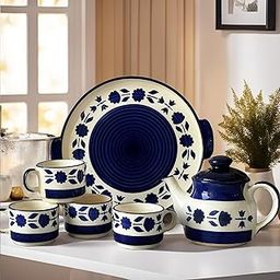 Praahi Lifestyle Tea Cup Set with Kettle & Serving Tray | Ceramic Tea Set Handpainted Blue Floral Design| 4 Cups (150ml), 1 Kettle(700ml), 1 Tray (6 Piece Set) Microwave Safe | Mothers Day Gift-24