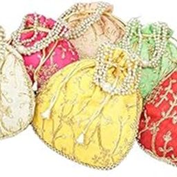 Royal Embroidered Potli Bag for Women – Ethnic Wedding Purse with Pearl Handle & Golden Zari Work (Pack of 5)-18