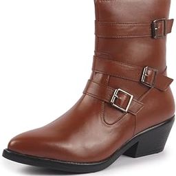 fausto Women Flared Heel High Ankle Side Zipper Multi Adjustable Buckle Strap Work Boots|Stylish Winter Boots|Slip Resistant Sole-picture-31