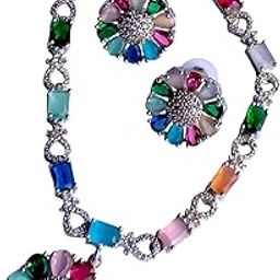 Multicoloured Gemstone Necklace Set with Floral Pendants, Rhodium Plated Multicoloured Gemstone and Rhinestone Necklace Set-image-20