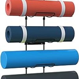 Yoga Mat Holder Wall Mount, Wall Rack Organizer, Storage Foam Roller and Block, with 5 Sectional and 3 Hooks for Hanging Yoga Strap, Resistance Bands at Fitness Class or Home Gym, Decor(Black)-image-18