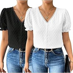 Women's Elegant French Textured Fabric Solid Color Lace Panel V-Neck Jacquard Blouse,Short Puff Sleeve Tops Simple Daily Spring/Summer Casual Blouse Shirt (Top 178)-image-22