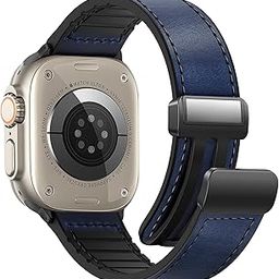 TERRIFI Magnetic Leather Watch Band for Apple Watch Ultra 49mm, 45mm, 44mm, 42mm, Genuine Leather Strap with Magnetic Buckle for Apple Watch Ultra 2 9 8 7 Series, Blue-image-3