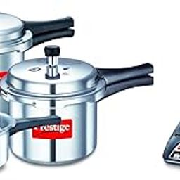 Prestige Popular Max 5 + 3 + 2 Litre Aluminium Outer Lid Pressure Cooker Combo Pack, 2 Lids, Silver, Large (11791) & Prestige Pic 20 1600 Watt Induction Cooktop With Push Button (Black)-4