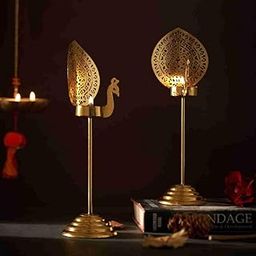 B H Handicrafts Golden Peacock Tealight Candle Holder Stands, Set of 2, Perfect for Pooja Rooms, Diwali Decoration, Religious and Cultural Occasions-image-11