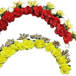 Arooman™ Bridal Artificial Flower Hair Juda Tiara/Gajra Hair Accessories for Women & Girls, Pack_02, Color-Red & Yellow-image-89