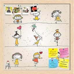 ArtzFolio Happy Kids Cartoon | Bulletin Board Notice Pin Board | Vision Soft Board Combo with Thumb Push Pins & Sticky Notes | Natural Brown Frame | 20 x 20 inch (51 x 51 cms)-image-0