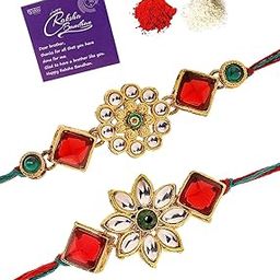 Floral Kundan Designer Meenakari Red Green Gold Plated Premium Rakhi for Brother with Roli Chawal & Greeting Card|Rakhi for Brother/Bhaiya/Bhai/Men|Rakhi Combo-Set of 2|CBRAK106951-image-2