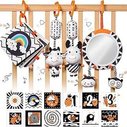 TUMAMA Baby Toys Gift Set Black and White Tummy Time Mirror Plush Rattles Rings and Crinkle Soft Cloth Book Flashcard, Car Seat Stroller Hanging Toy for 0 3 6 9 12 Months Newborn Infant Toddler-picture-12