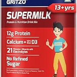 Gritzo SuperMilk Overall Growth (13+y Boys), 12g Protein Powder (Double Chocolate, 400g) | Zero Refined Sugar, 21 Vitamins & Minerals-image-43