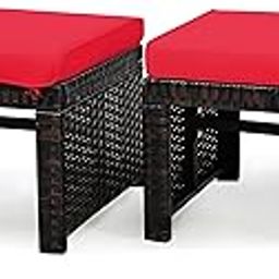 MJA FURNITURE Outdoor Ottoman for Sofa, Dressing Table | 2-Piece PE Rattan Wicker Footstools with Red Waterproof Cushions, 49.5 x 39.4 x 28 cm | Patio Ottoman-image-55