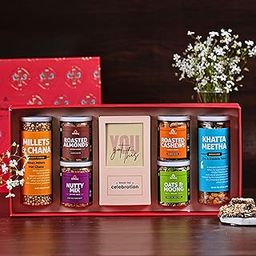Omay Foods 9 pcs_Blissful Delights Gift Box | Healthy Gift Hamper with Roasted Snacks, Dry Fruits & Chocolate Treats | Corporate Gift for Employees & Clients | Motivation Gift Hamper | Snack Gift Box-image-40
